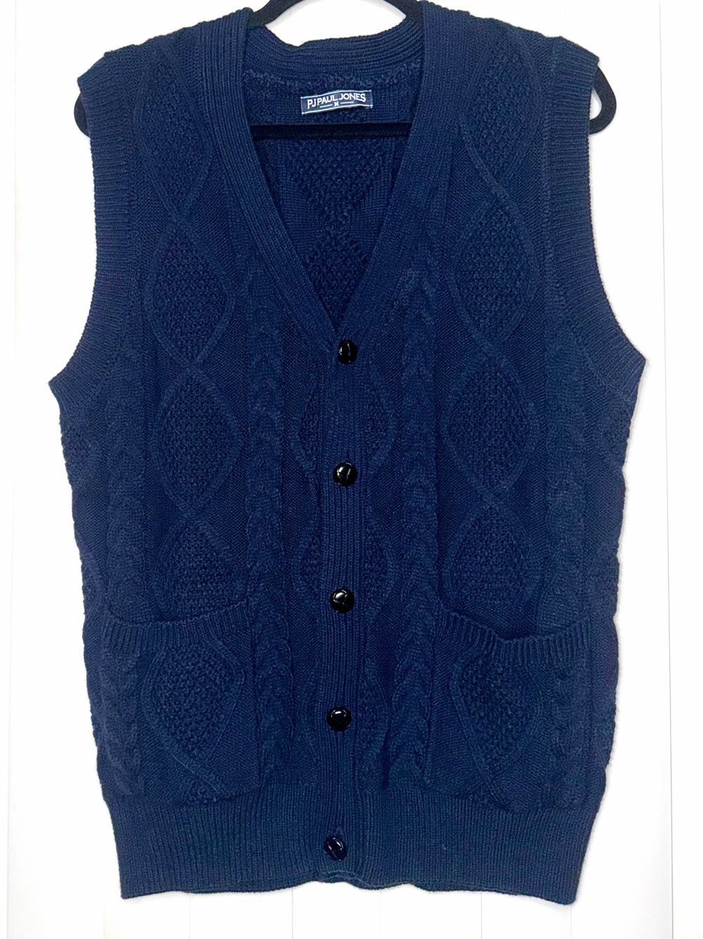 Paul Jones Sweater Vest Mens M Dark Blue Chunky Cable Knit Button Front V Neck